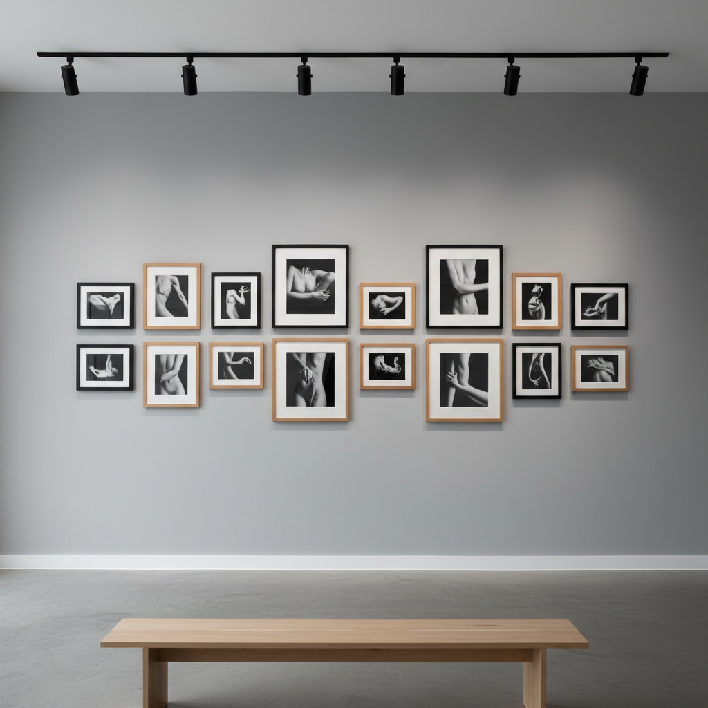 A refined gallery wall inside a contemporary photo studio, displaying an array of framed abstract black-and-white images that hint at the curves and lines of the human form without showing any actual figures. The frames, in matte black and natural oak, are arranged with perfect spacing on a smooth, dove-gray wall. Track lighting from the ceiling casts focused, museum-style illumination on each print, creating gentle shadows along the frame edges. Photographic realism with a straight-on eye-level composition captures the full wall, while the polished concrete floor and a low wooden bench anchor the lower frame. The atmosphere is quiet, contemplative, and avant-garde, evoking fine-art photography and tasteful artistic nudity through suggestion and abstraction alone.