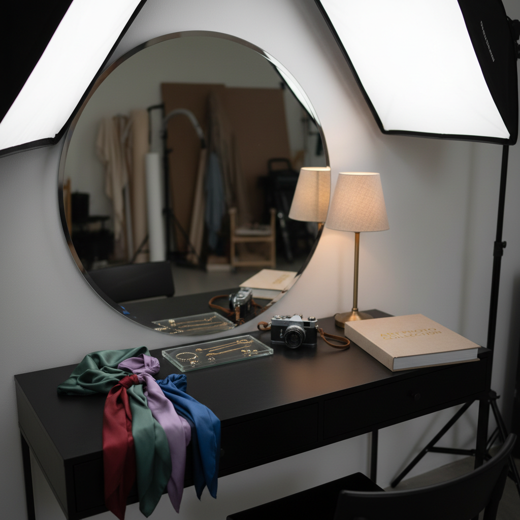 An elegant styling corner in a creative photo studio, featuring a matte black vanity table topped with neatly arranged accessories: silk scarves in muted jewel tones, a glass tray of minimalist jewelry, a vintage film camera, and a neatly stacked portfolio book labeled “ART PHOTO COLLECTION.” Behind the table, a large frameless mirror reflects soft studio lights without revealing any people. Diffused overhead lighting and a warm accent lamp create a calm, focused atmosphere. Photographic realism, captured from a slightly elevated angle with a shallow depth of field, keeps the foreground in sharp focus while the background fades into a tasteful blur of studio props and folded fabrics. The mood is refined and artistic, suggesting preparation for a sophisticated creative shoot.