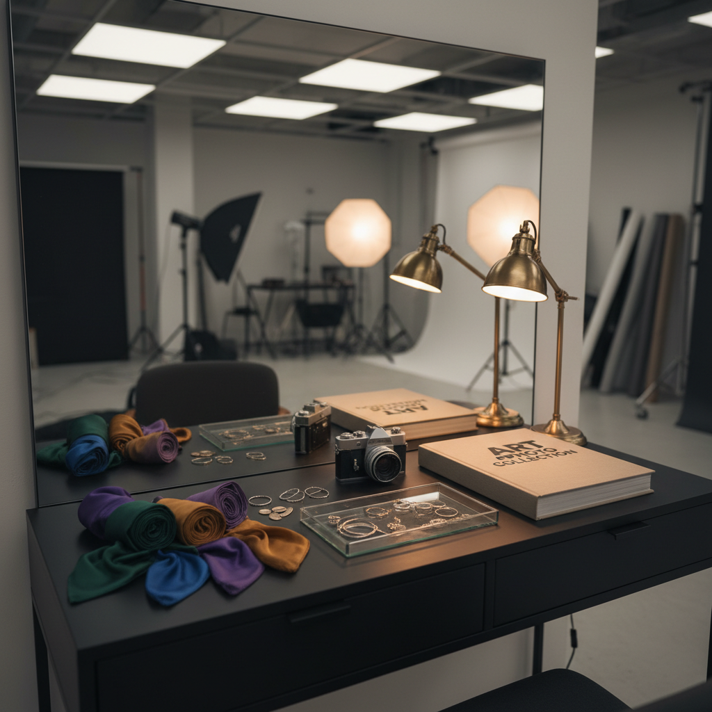 An elegant styling corner in a creative photo studio, featuring a matte black vanity table topped with neatly arranged accessories: silk scarves in muted jewel tones, a glass tray of minimalist jewelry, a vintage film camera, and a neatly stacked portfolio book labeled “ART PHOTO COLLECTION.” Behind the table, a large frameless mirror reflects soft studio lights without revealing any people. Diffused overhead lighting and a warm accent lamp create a calm, focused atmosphere. Photographic realism, captured from a slightly elevated angle with a shallow depth of field, keeps the foreground in sharp focus while the background fades into a tasteful blur of studio props and folded fabrics. The mood is refined and artistic, suggesting preparation for a sophisticated creative shoot.