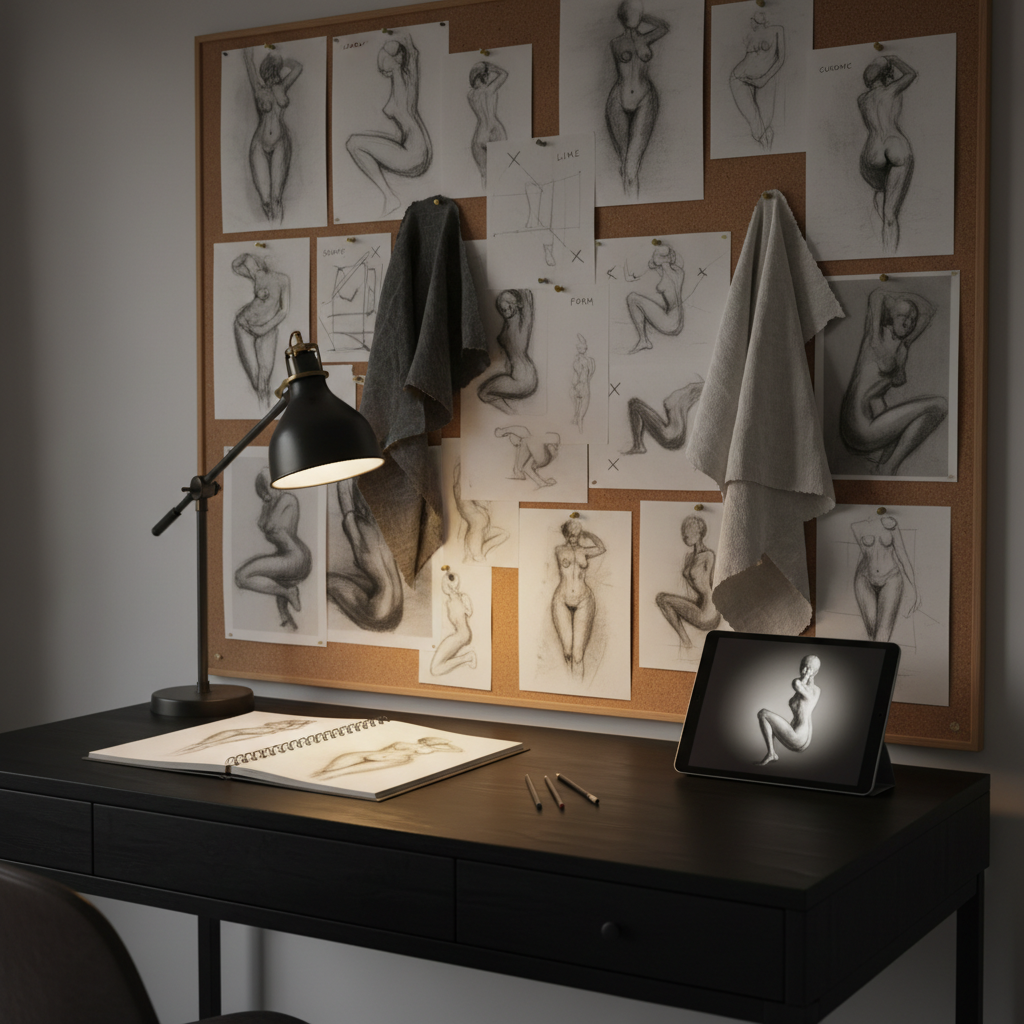A moody, fine-art studio corner dedicated to concept planning for an art nude photography project, featuring a large corkboard covered with monochrome sketches of abstract poses, fabric swatches in muted tones, hand-written lighting diagrams, and printed keywords like “shadow,” “line,” and “silhouette.” A matte-black desk below holds an open sketchbook, graphite pencils, and a tablet displaying a grayscale lighting study of a sculptural form. A single adjustable desk lamp casts a warm, focused pool of light, leaving the surrounding studio in soft darkness. Photographic realism with a slightly angled, close framing draws attention to tactile details: the texture of paper, the grain of the wooden desk, the pinholes in the cork. The mood is introspective, artistic, and concept-driven, highlighting the thoughtful planning behind creative photo sessions.