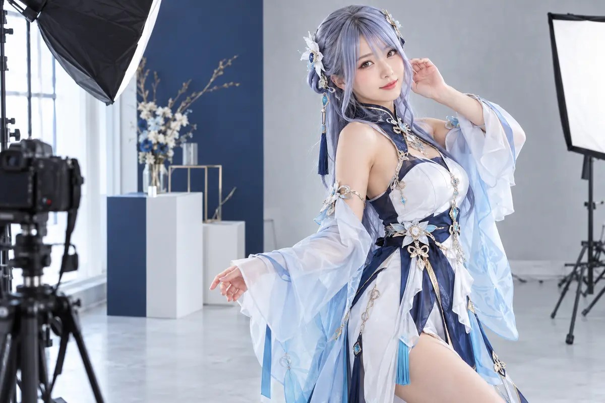 青と白の衣装を着た成人コスプレイヤーの撮影風景